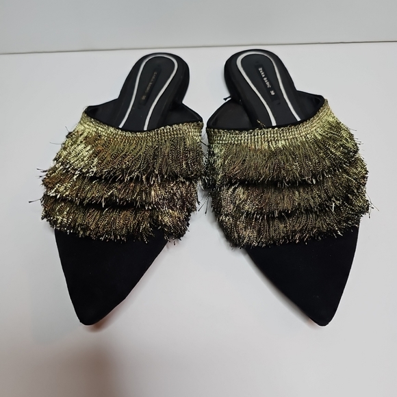 Zara Pointy-Toe Flat Mules with Fringe Black/Gold, Size 38 - Picture 9 of 16